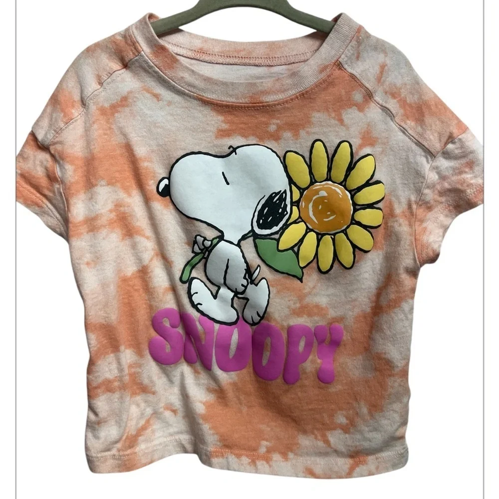 Snoopy with Sunflower Boxy Fit Graphic Tee Peach Acid Wash size 5 Spellout